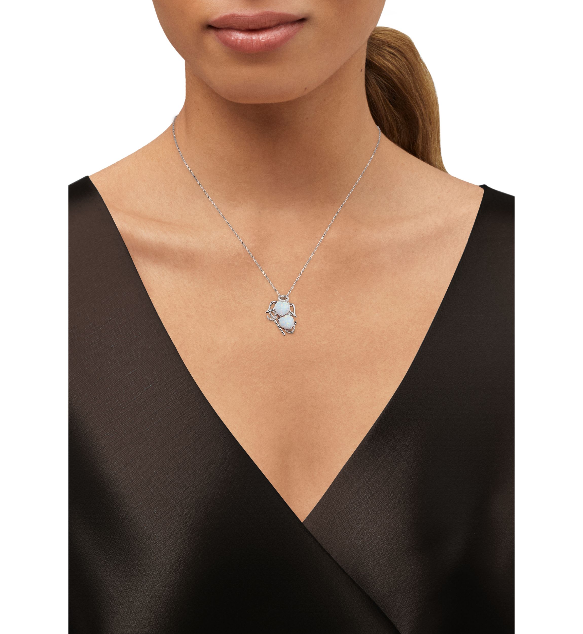 Lab Grown Diamond and Opal Angel and Evil Pendant with 18" Rope Chain in Sterling Silver