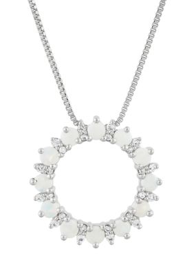 Belk & Co Lab Created Opal and White Sapphire Circle Pendant Necklace with 18" Box Chain in Sterling Silver