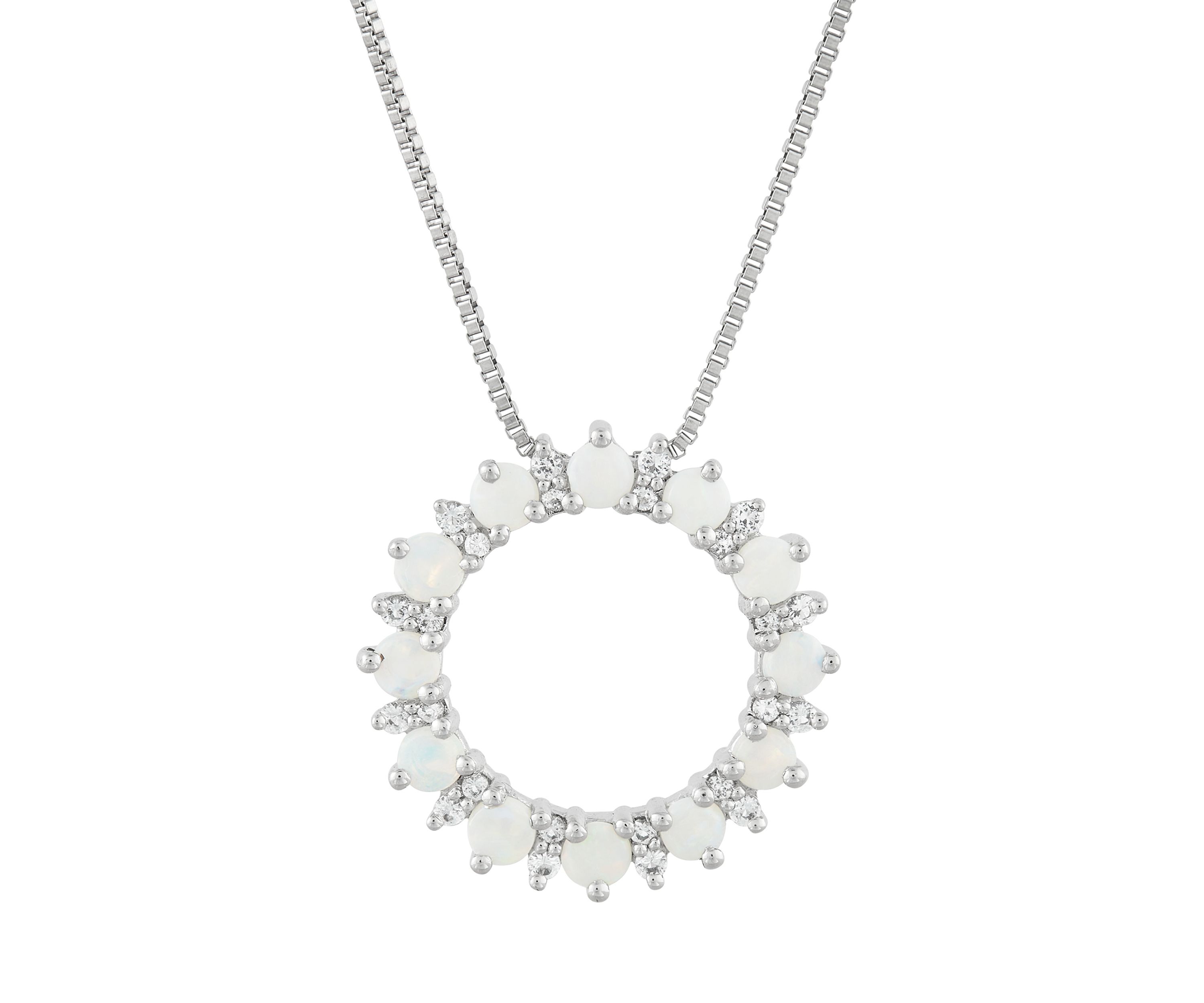 Lab Created Opal and White Sapphire Circle Pendant Necklace with 18" Box Chain in Sterling Silver