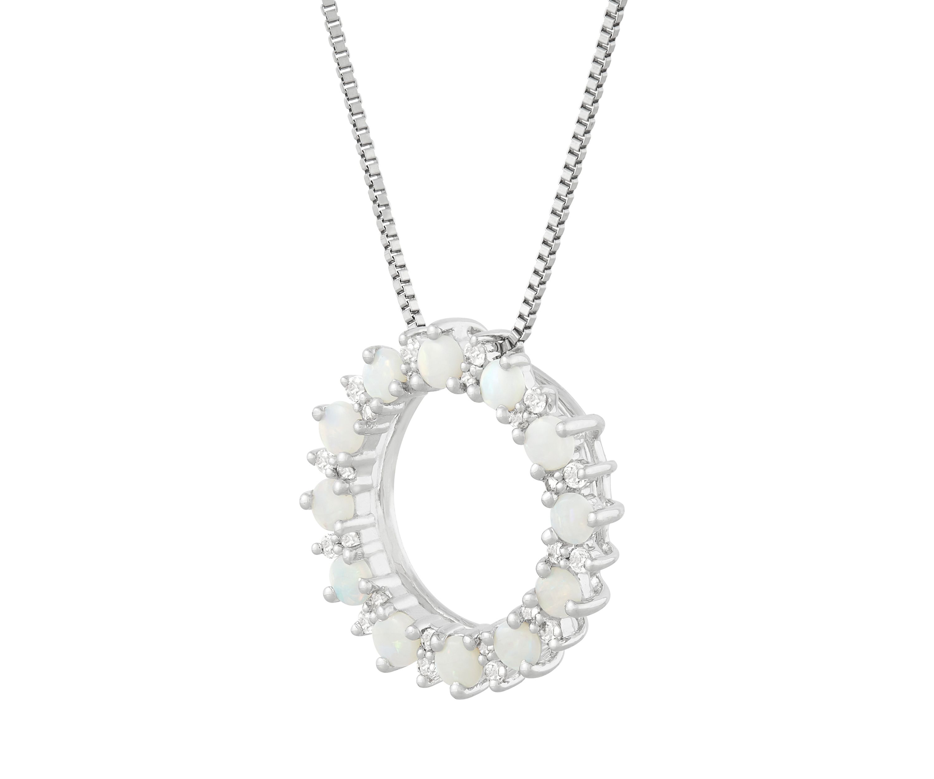Lab Created Opal and White Sapphire Circle Pendant Necklace with 18" Box Chain in Sterling Silver