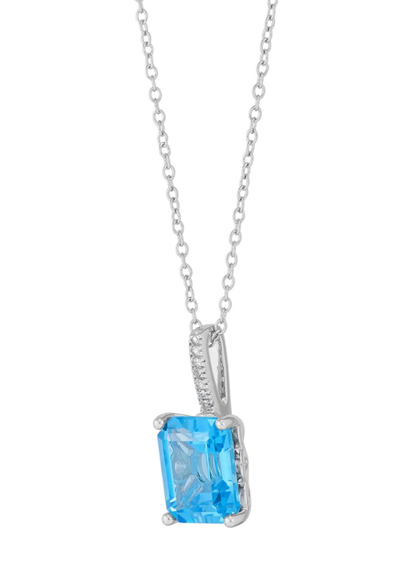 Octagon Swiss Blue Topaz and Diamond Accent Pendant with 18" Cable Chain in Sterling Silver