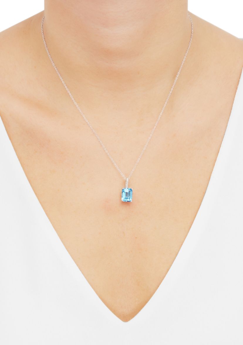 Octagon Swiss Blue Topaz and Diamond Accent Pendant with 18" Cable Chain in Sterling Silver