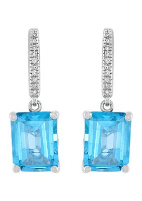 Belk & Co Emerald Cut Swiss Blue Topaz and 1/20 ct. t.w. Diamond Earrings in Sterling Silver