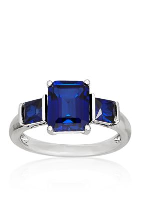 Belk & Co Created Sapphire Three Stone Ring in Sterling Silver, Blue, 7