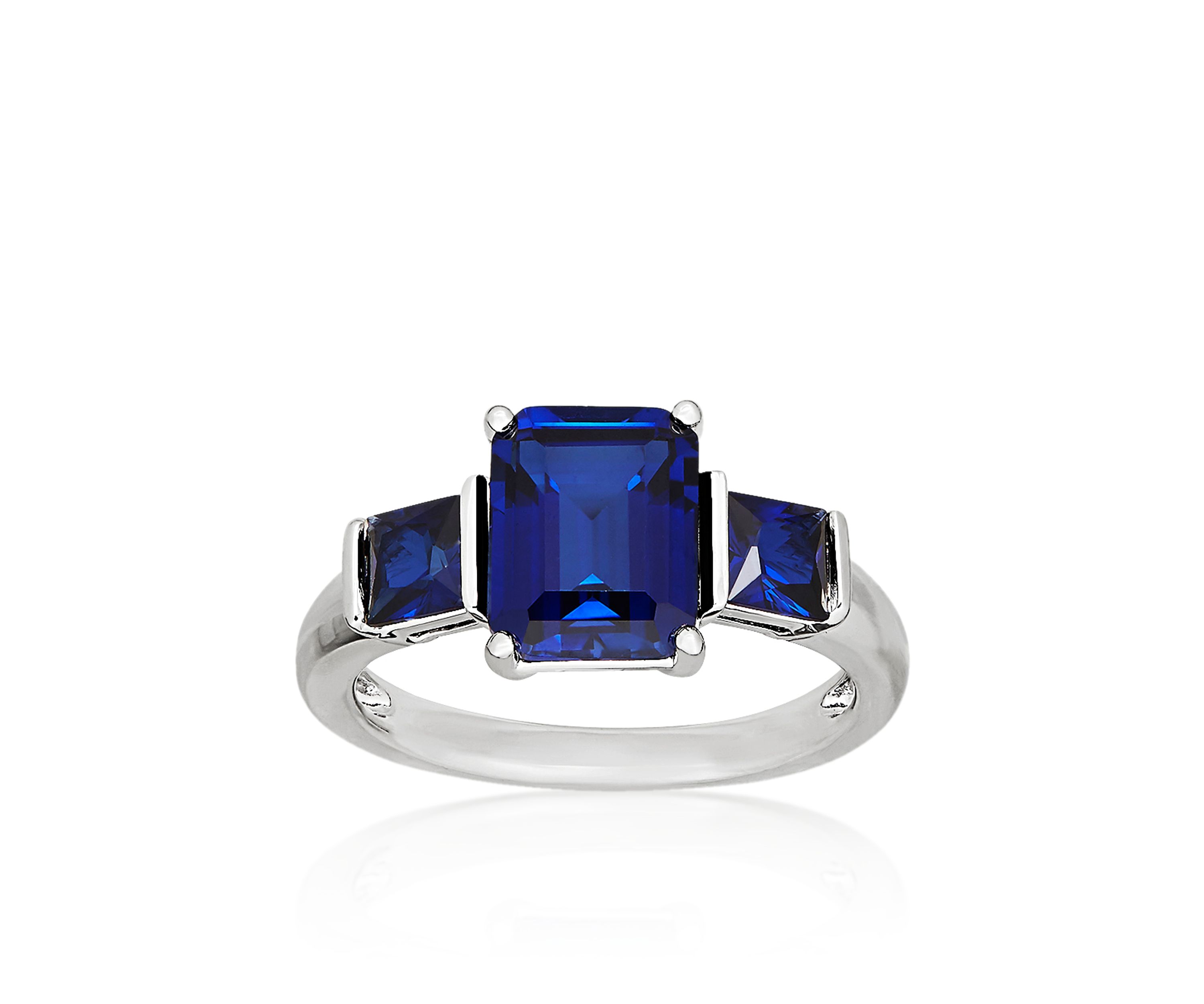 Created Sapphire Three Stone Ring in Sterling Silver