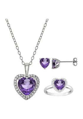 Belk & Co Amethyst and Lab Created White Sapphire Necklace, Ring, and Earring Set in Sterling Silver, 18 in