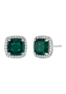 Belk & Co Lab Grown Emerald and Lab Grown White Sapphire Stud Earrings in Sterling Silver
