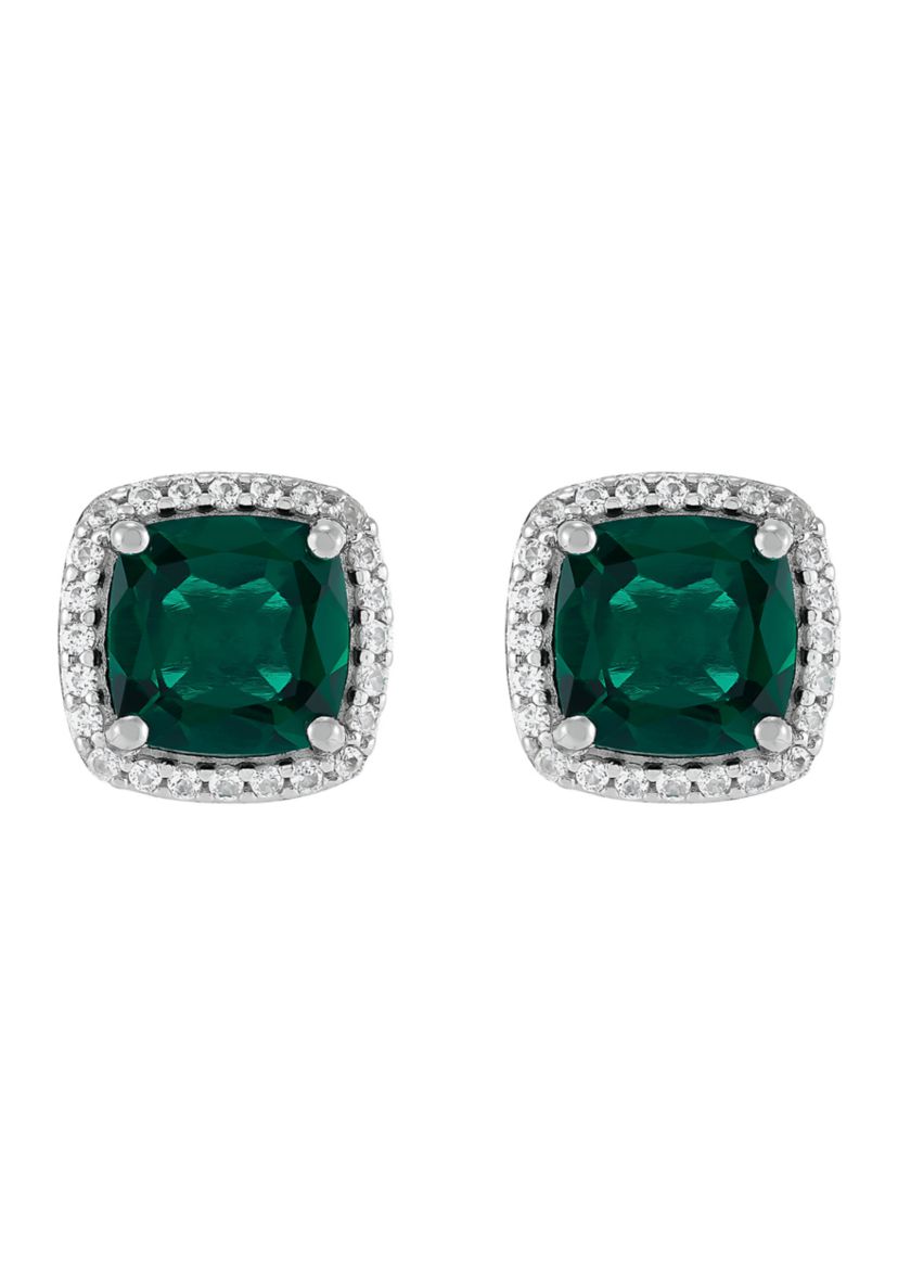 Lab Grown Emerald and Lab Grown White Sapphire Stud Earrings in Sterling Silver