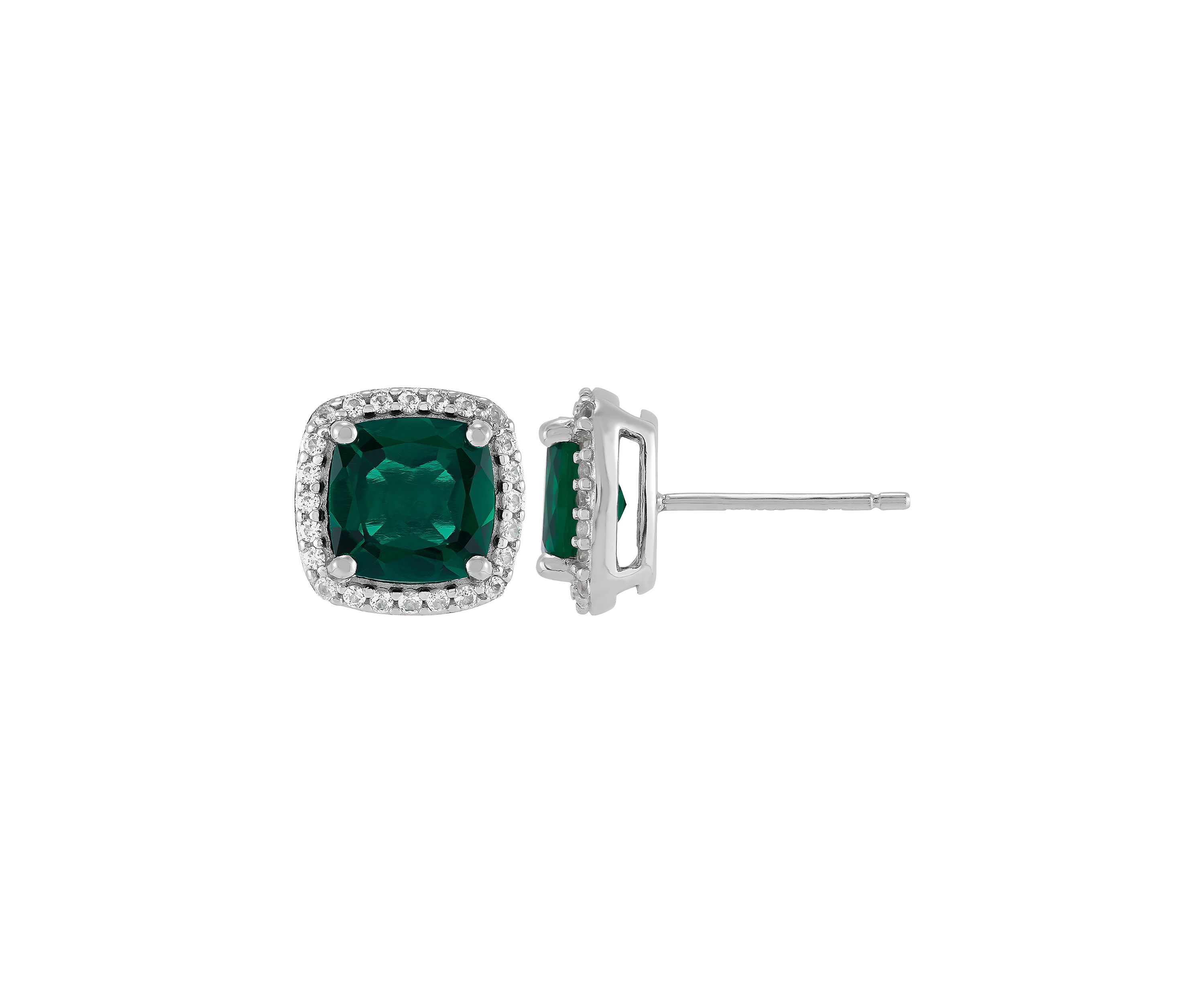 Lab Grown Emerald and Lab Grown White Sapphire Stud Earrings in Sterling Silver