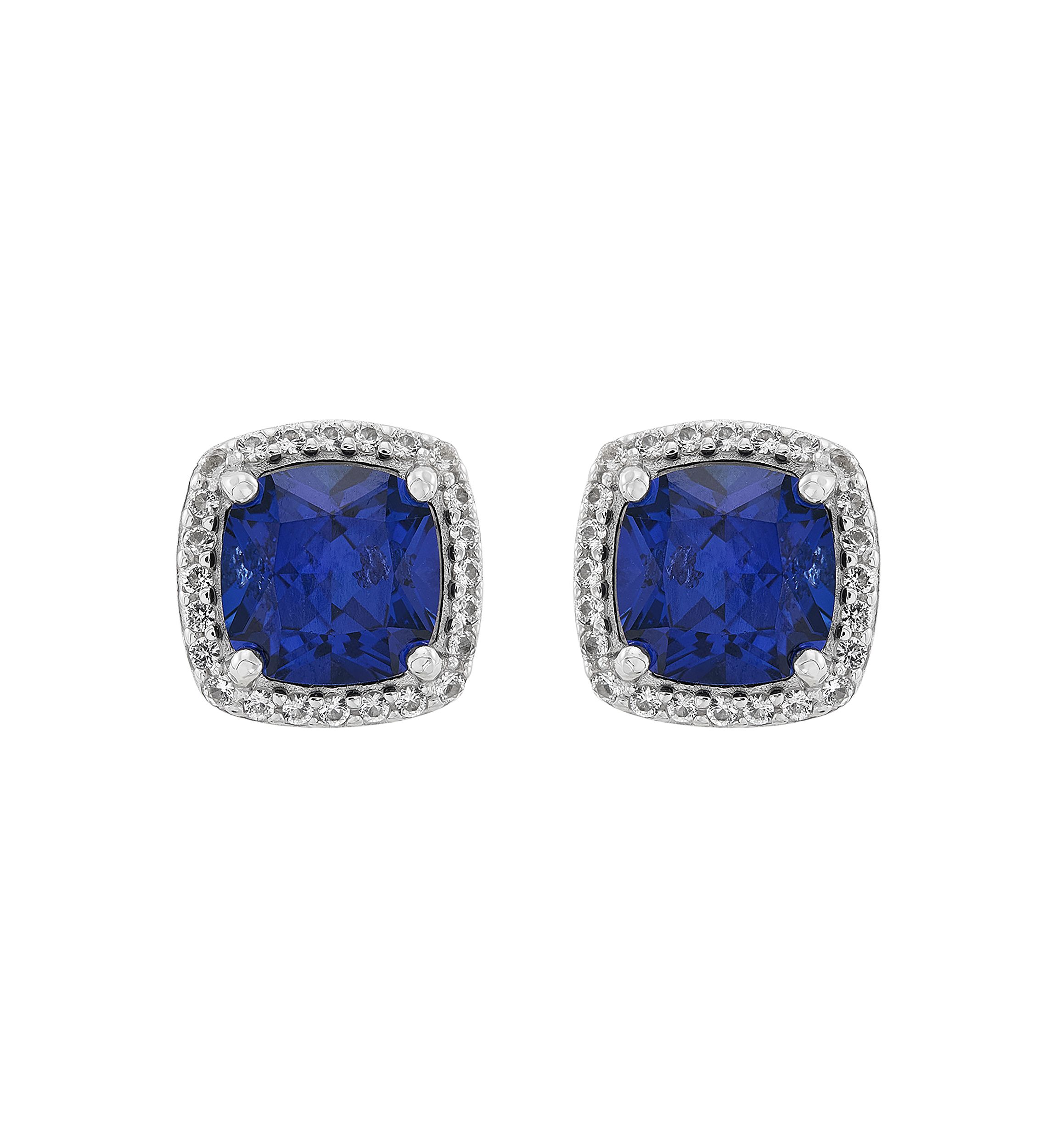 Lab Grown Cushion Sapphire and White Sapphire Stud Earrings in Sterling Silver