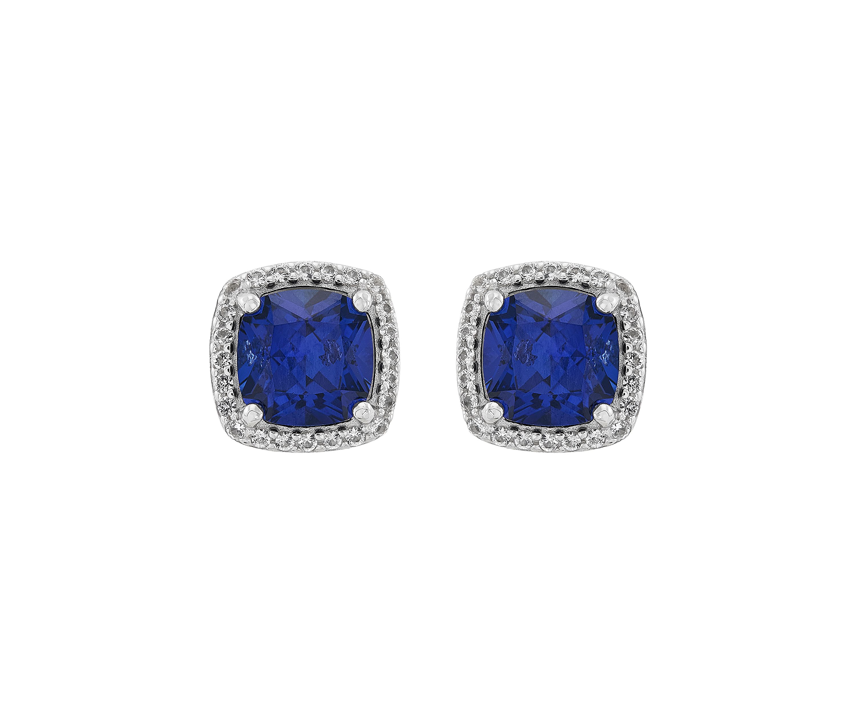 Lab Grown Cushion Sapphire and White Sapphire Stud Earrings in Sterling Silver