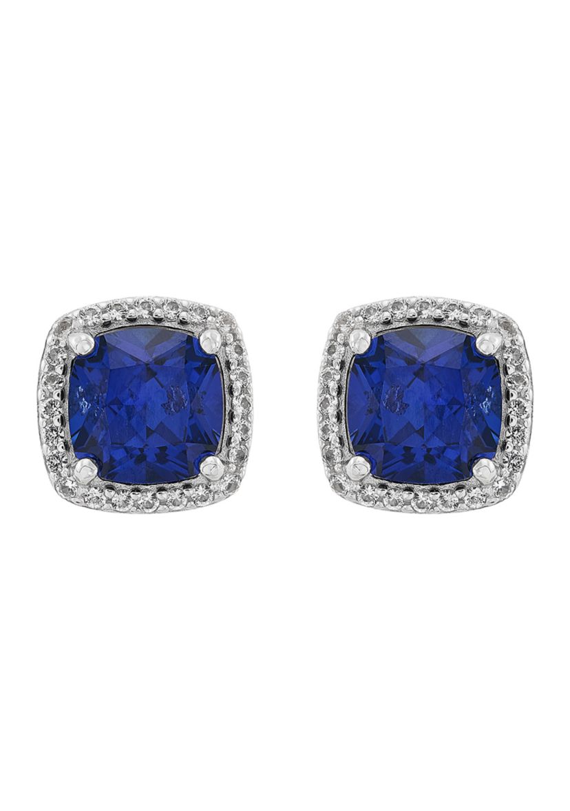 Lab Grown Cushion Sapphire and White Sapphire Stud Earrings in Sterling Silver