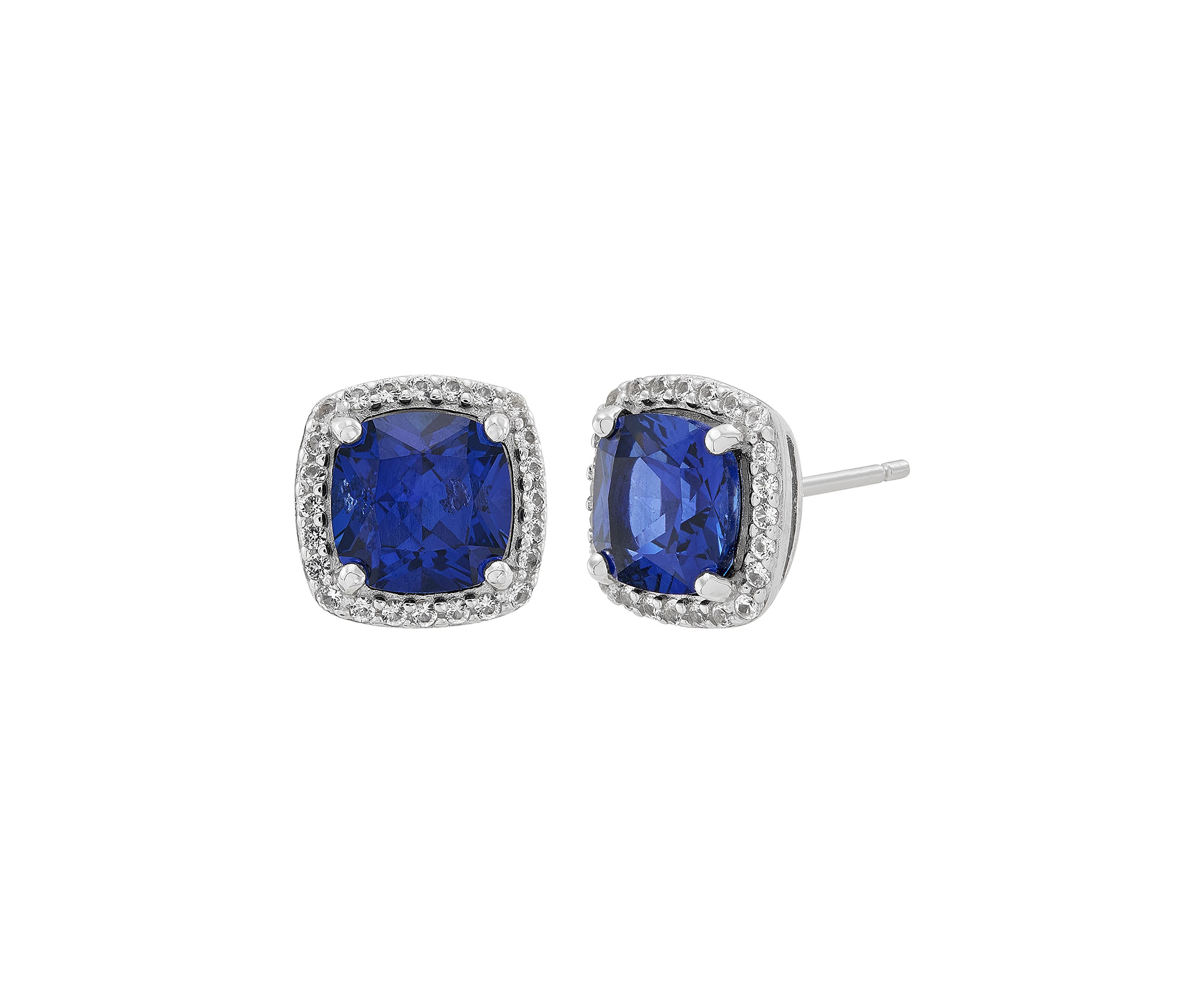 Lab Grown Cushion Sapphire and White Sapphire Stud Earrings in Sterling Silver