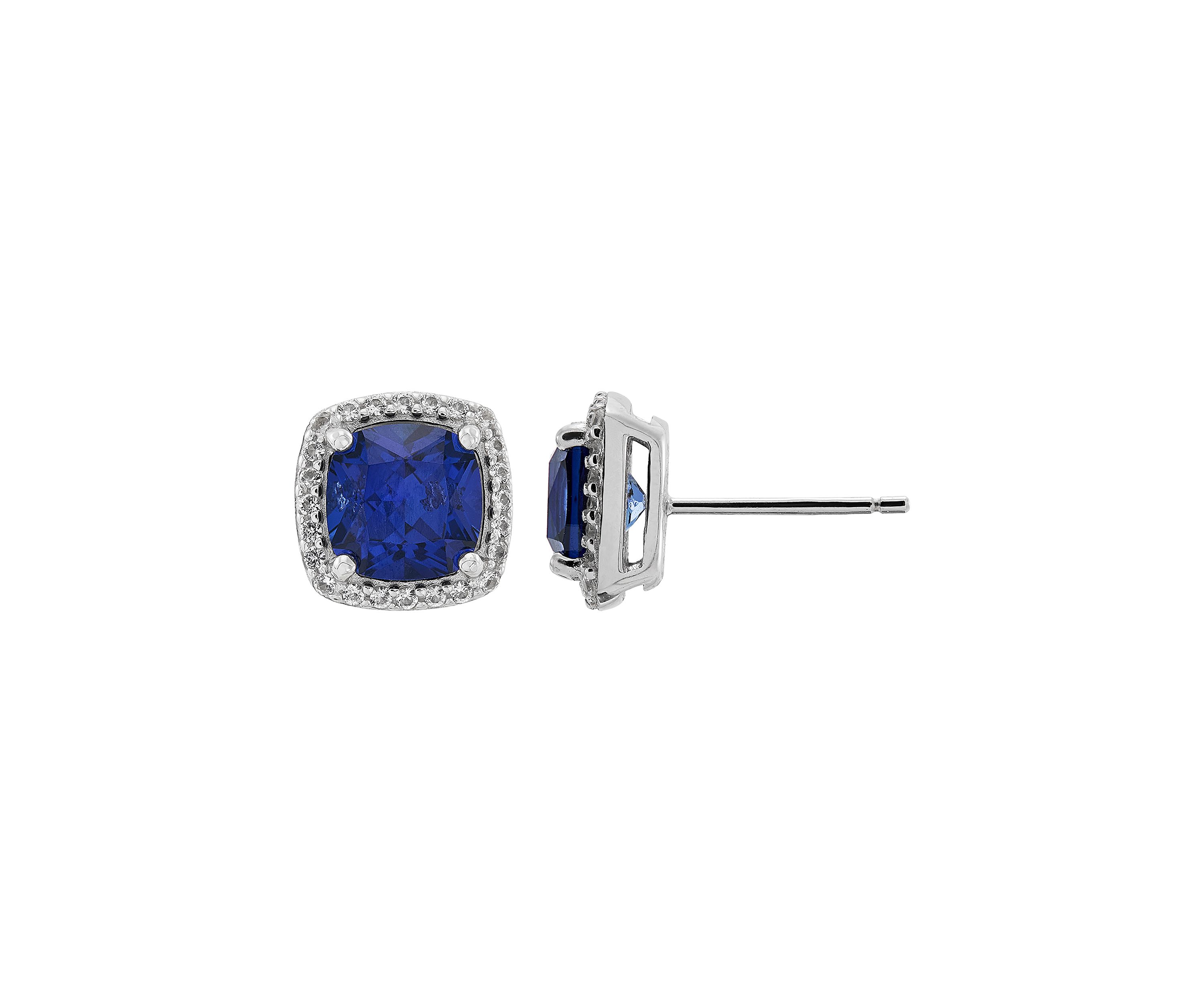 Lab Grown Cushion Sapphire and White Sapphire Stud Earrings in Sterling Silver