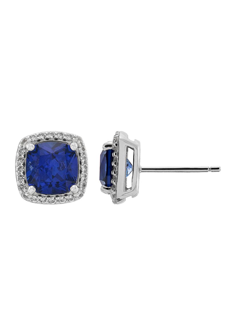 Lab Grown Cushion Sapphire and White Sapphire Stud Earrings in Sterling Silver
