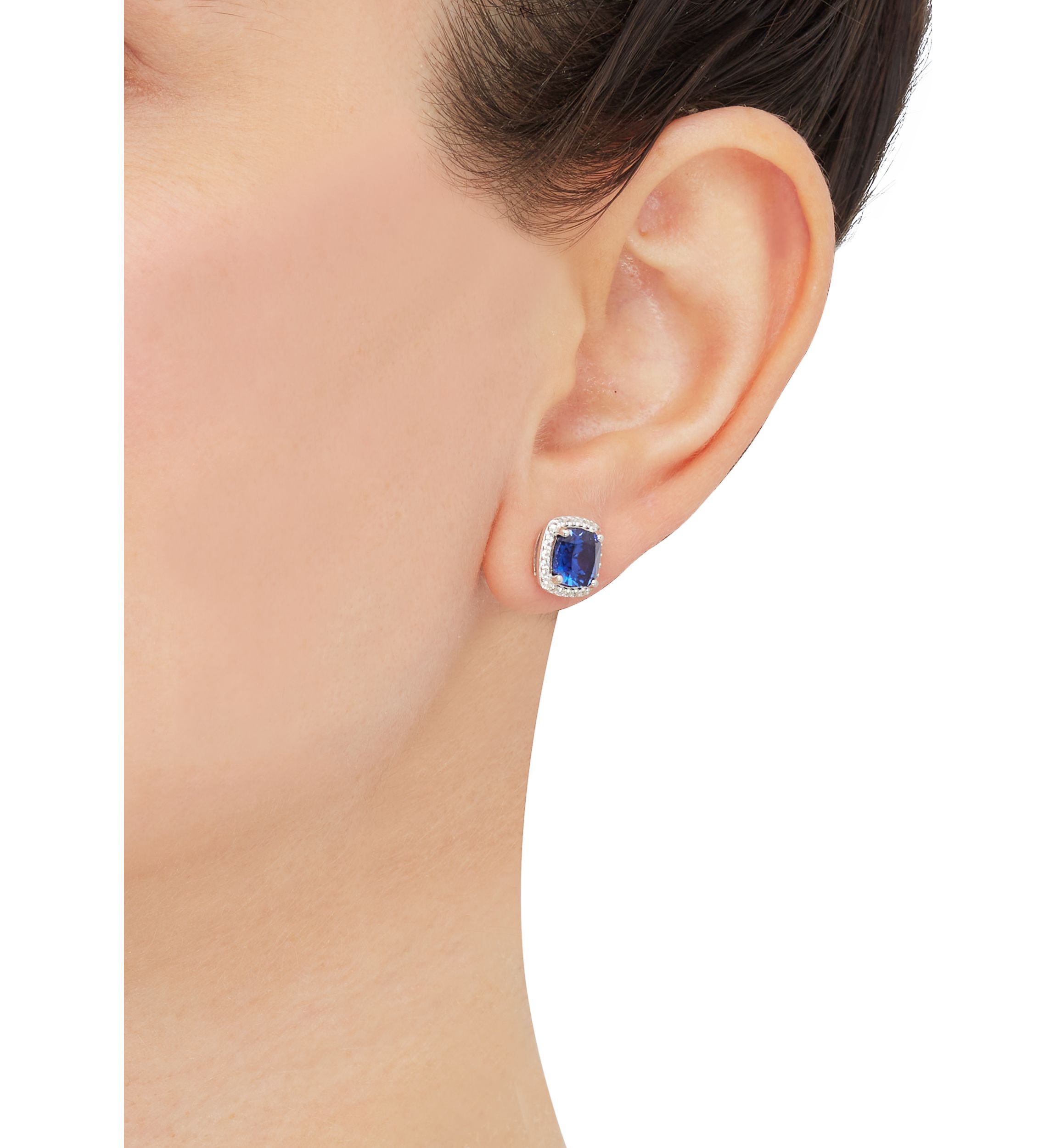 Lab Grown Cushion Sapphire and White Sapphire Stud Earrings in Sterling Silver