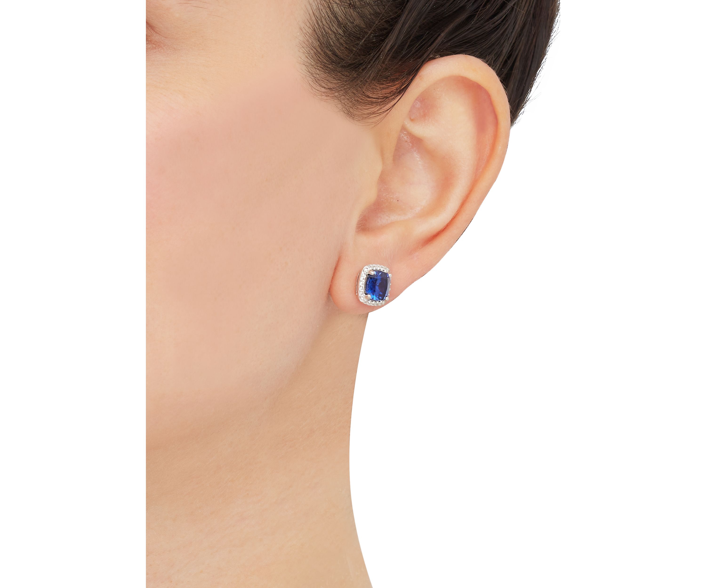 Lab Grown Cushion Sapphire and White Sapphire Stud Earrings in Sterling Silver