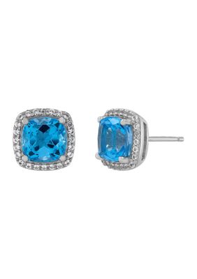 Belk & Co Cushion Swiss Blue Topaz and Lab Grown White Sapphire Stud Earrings in Sterling Silver