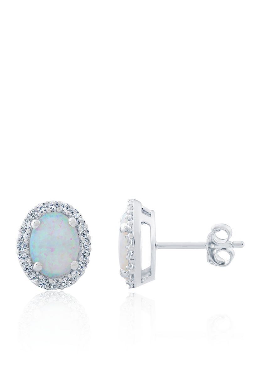 Created Opal and White Sapphire Earrings in Sterling Silver