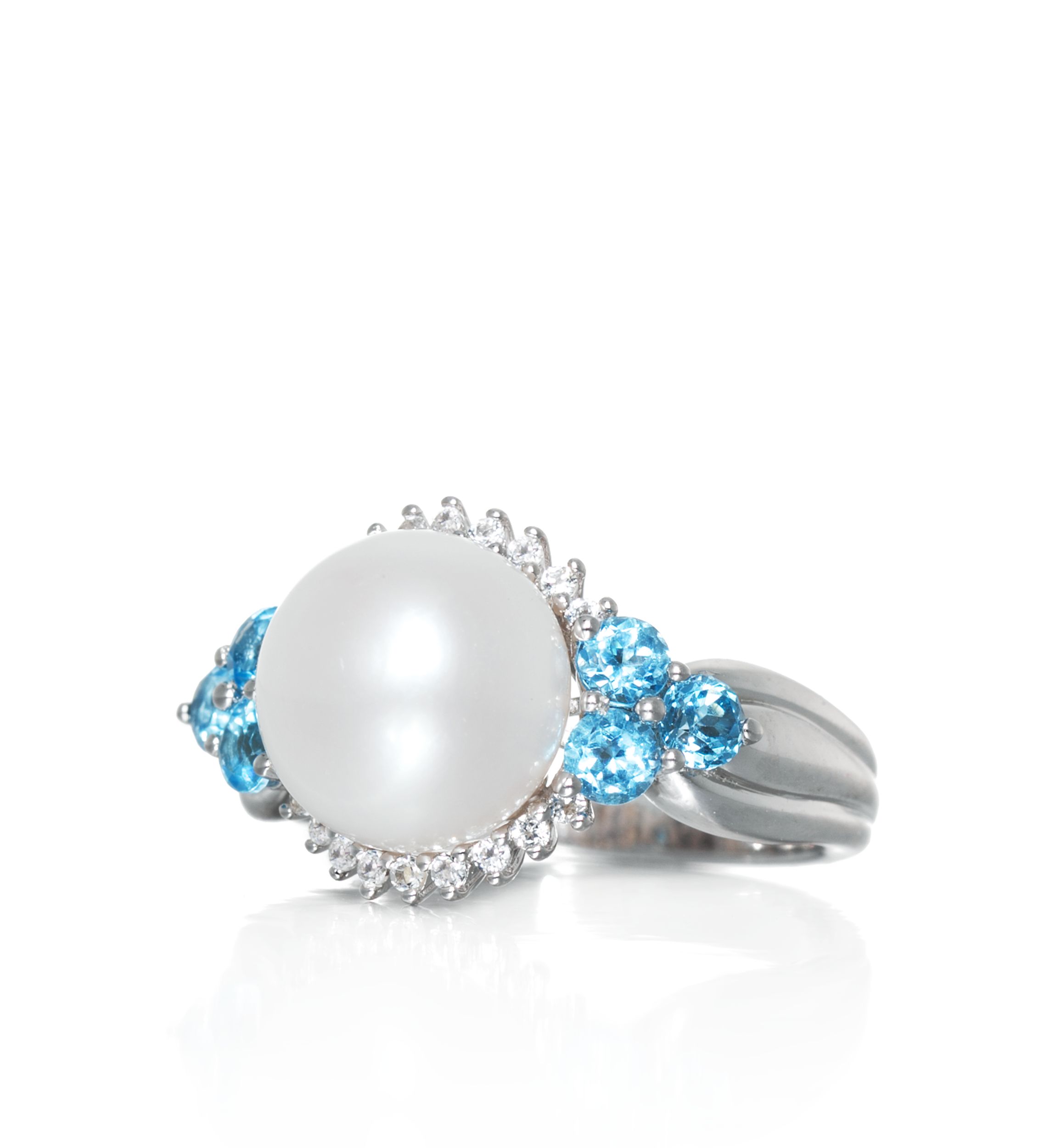 Freshwater Pearl, Blue Topaz & White Topaz Ring in Sterling Silver