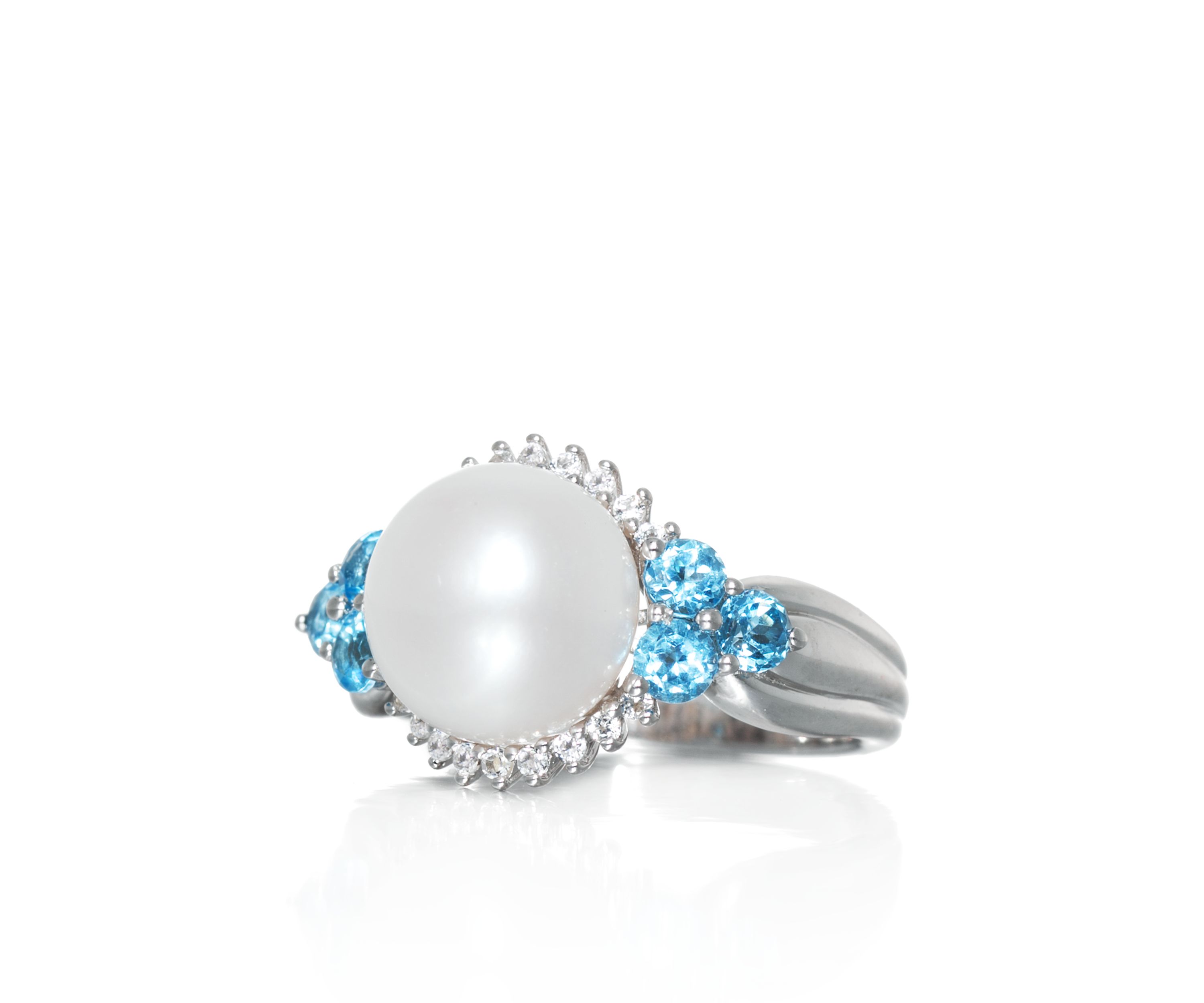 Freshwater Pearl, Blue Topaz & White Topaz Ring in Sterling Silver