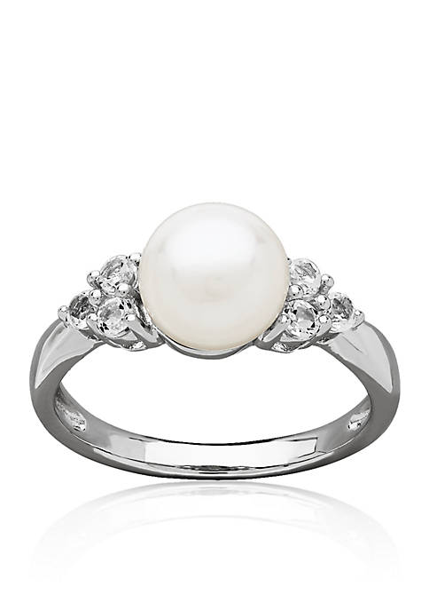 Freshwater Pearl and White Topaz Ring in Sterling Silver