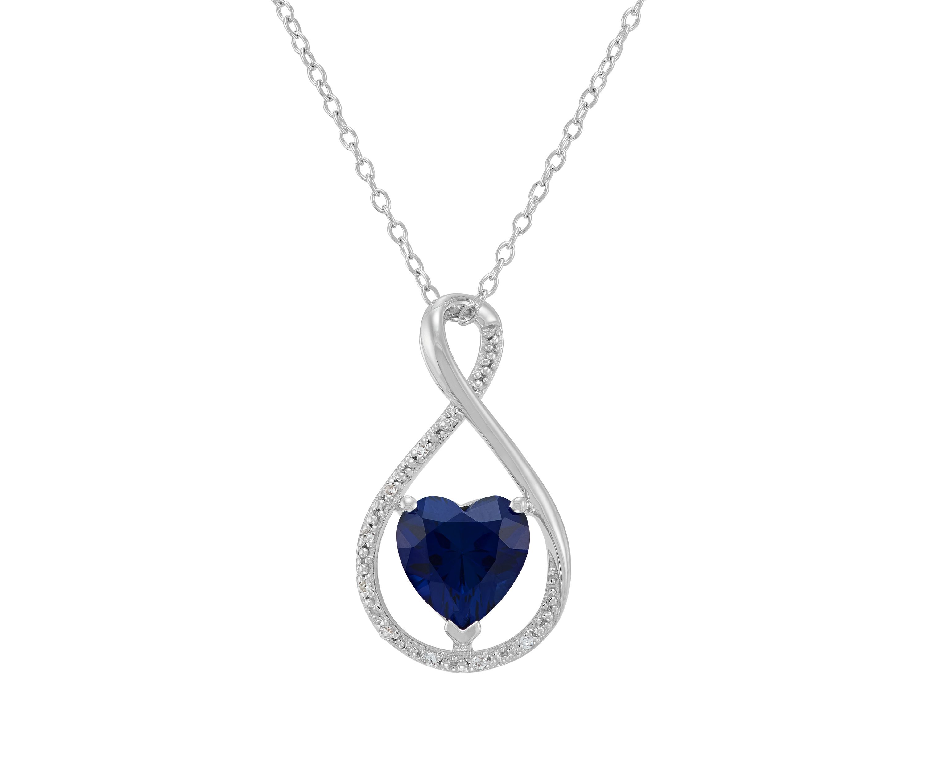 Lab Grown Heart Shape Sapphire and Diamond Accent Pendant with 18" Cable Chain in Sterling Silver