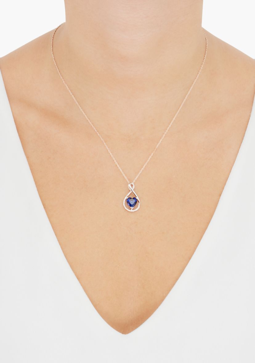 Lab Grown Heart Shape Sapphire and Diamond Accent Pendant with 18" Cable Chain in Sterling Silver