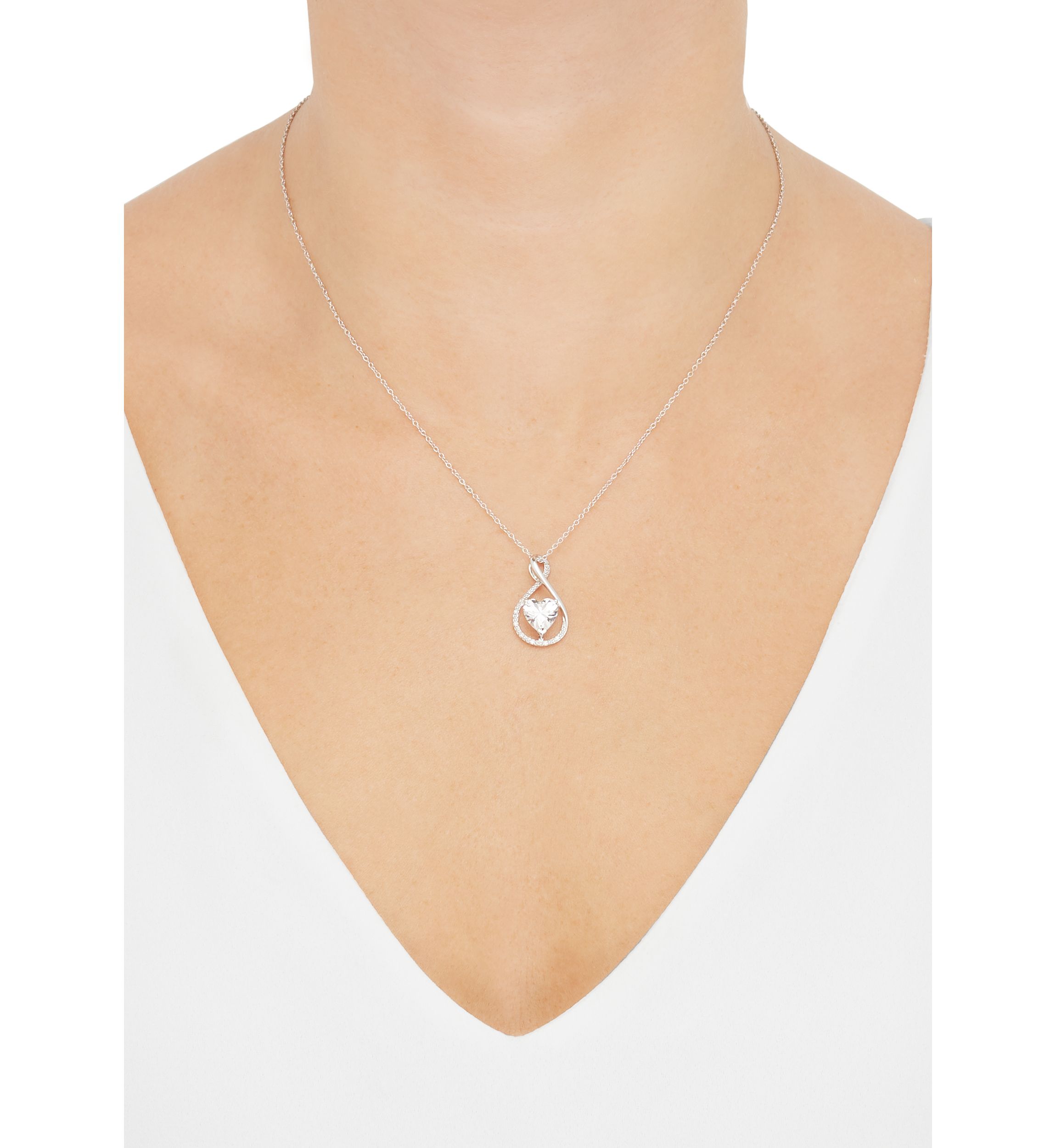 Lab Grown Heart Shape White Sapphire and Diamond Accent Pendant Necklace with 18" Cable Chain in Sterling Silver