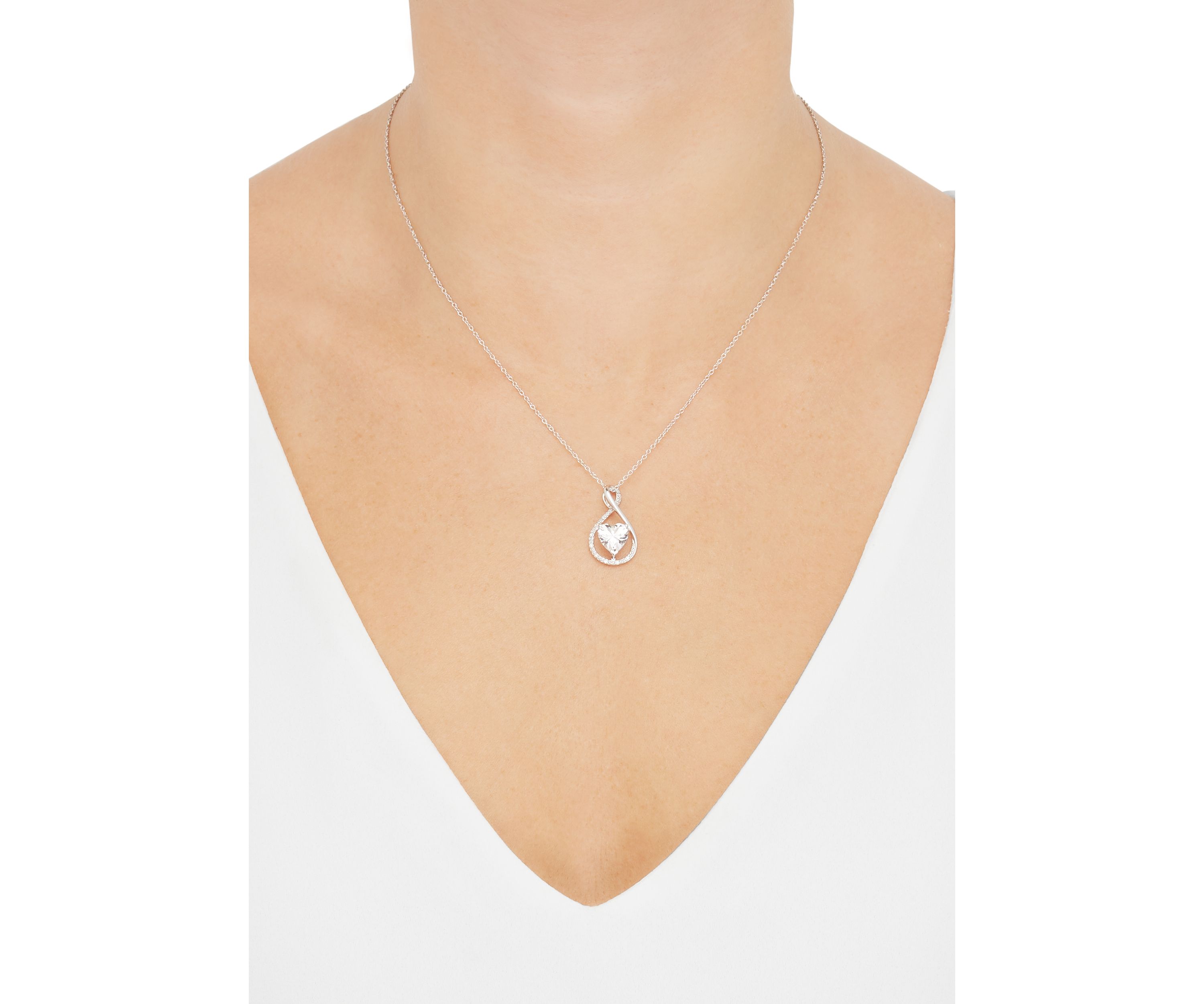 Lab Grown Heart Shape White Sapphire and Diamond Accent Pendant Necklace with 18" Cable Chain in Sterling Silver