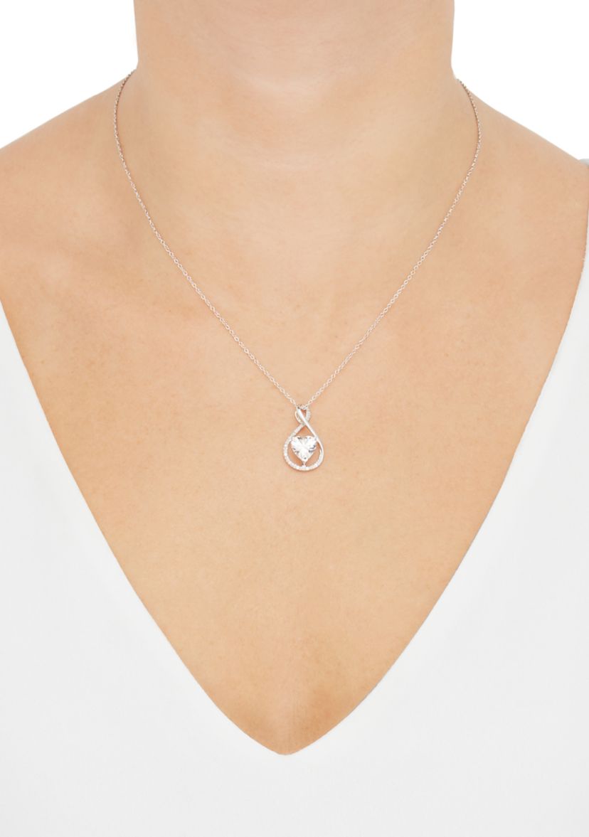Lab Grown Heart Shape White Sapphire and Diamond Accent Pendant Necklace with 18" Cable Chain in Sterling Silver