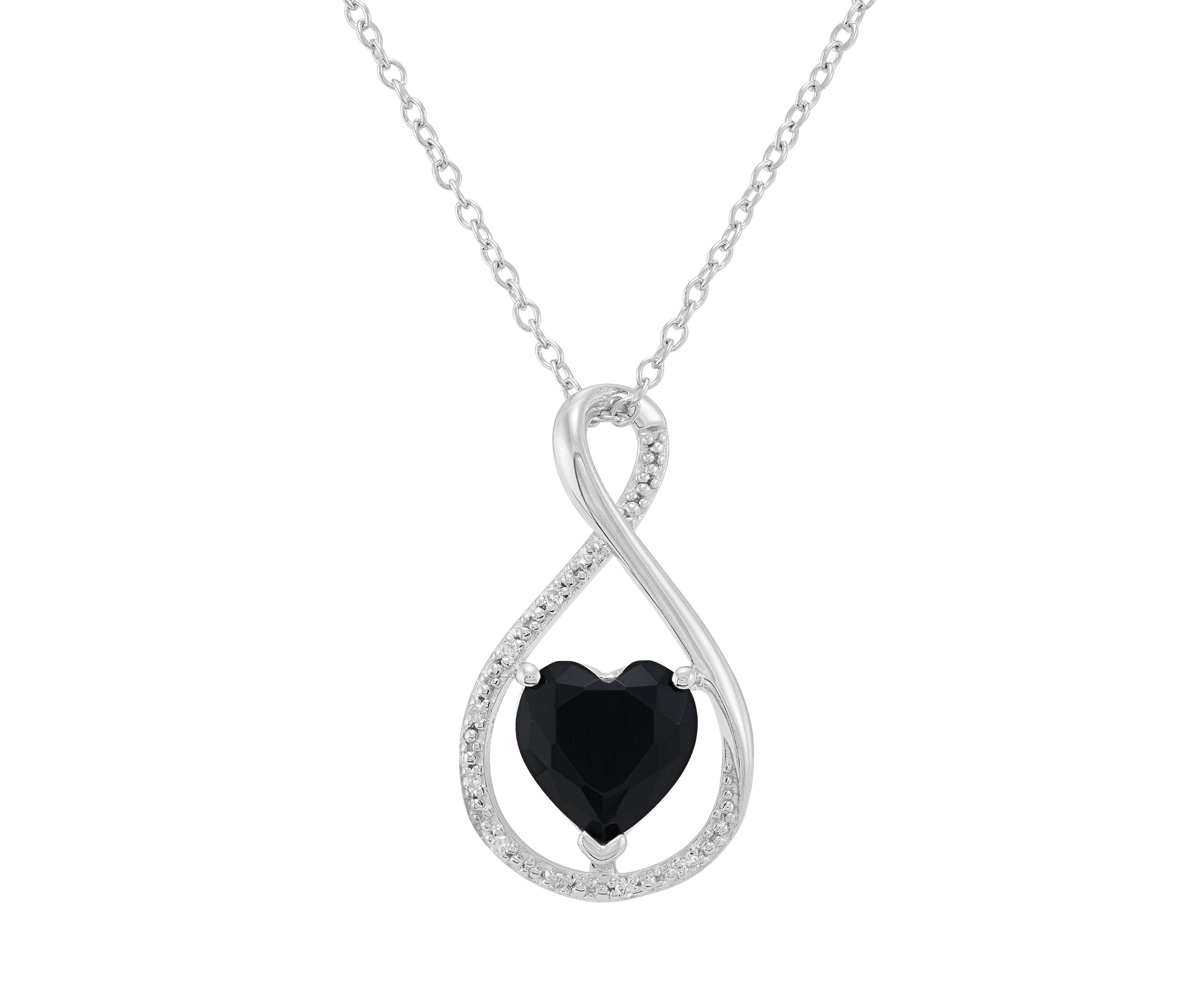 Heart Shape Onyx and Diamond Accent Pendant Necklace with 18" Cable Chain in Sterling Silver
