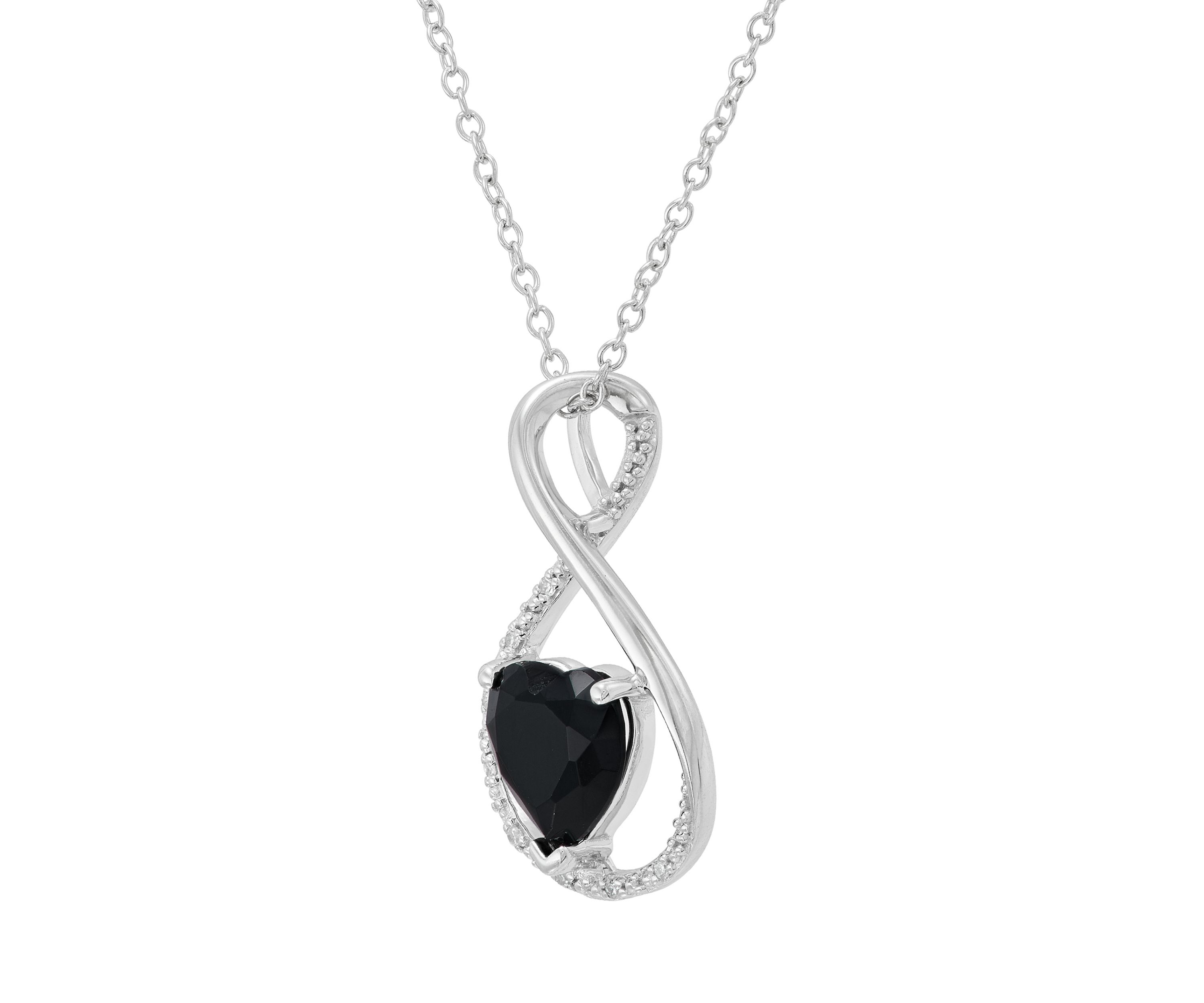 Heart Shape Onyx and Diamond Accent Pendant Necklace with 18" Cable Chain in Sterling Silver