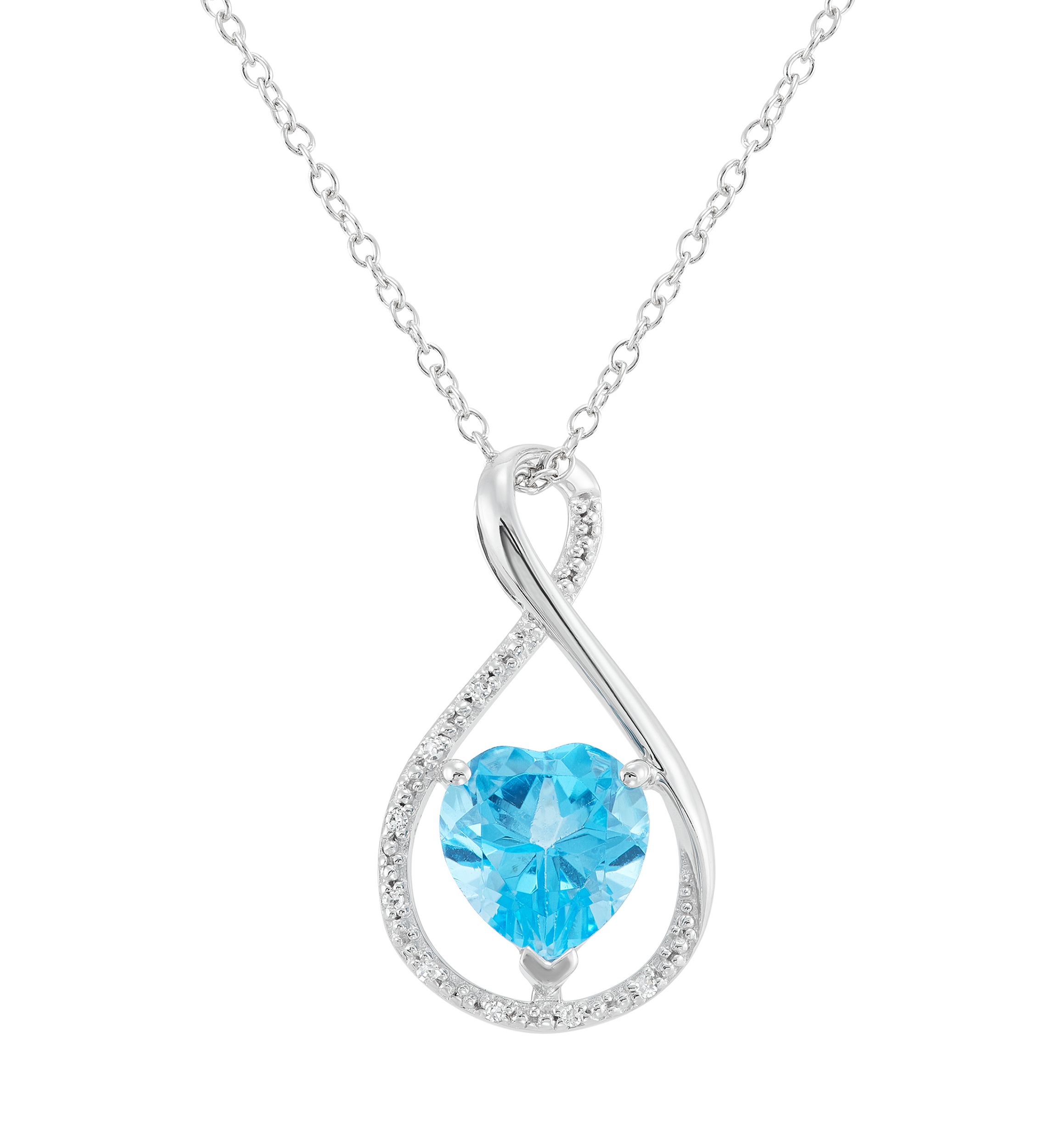 Heart Shape Swiss Blue Topaz and Diamond Accent Pendant Necklace with 18" Cable Chain in Sterling Silver