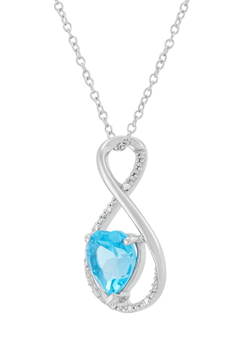 Heart Shape Swiss Blue Topaz and Diamond Accent Pendant Necklace with 18" Cable Chain in Sterling Silver