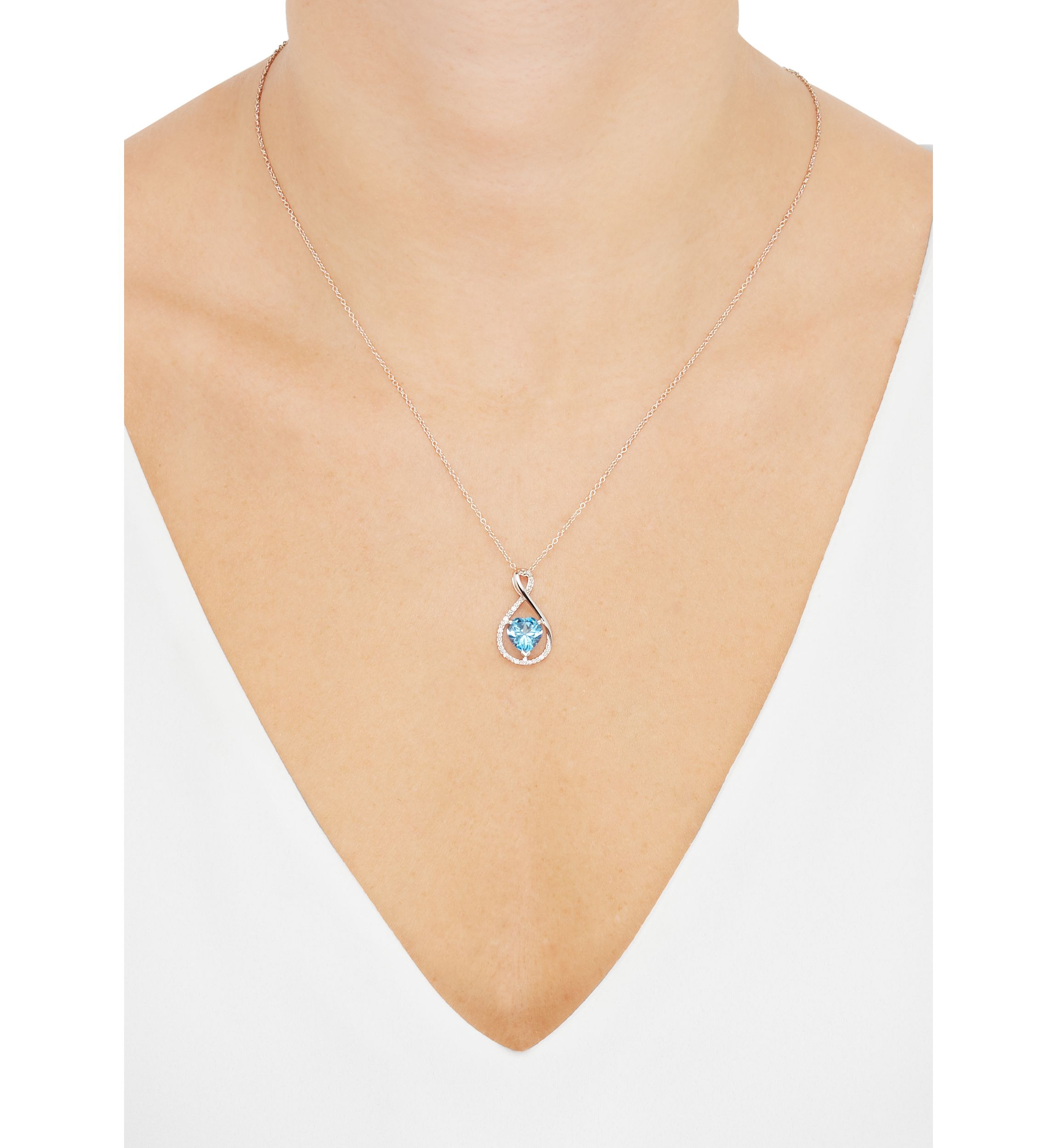 Heart Shape Swiss Blue Topaz and Diamond Accent Pendant Necklace with 18" Cable Chain in Sterling Silver