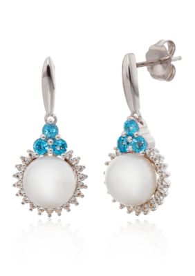 Belk & Co Freshwater Pearl and Blue Topaz Drop Earrings in Sterling Silver