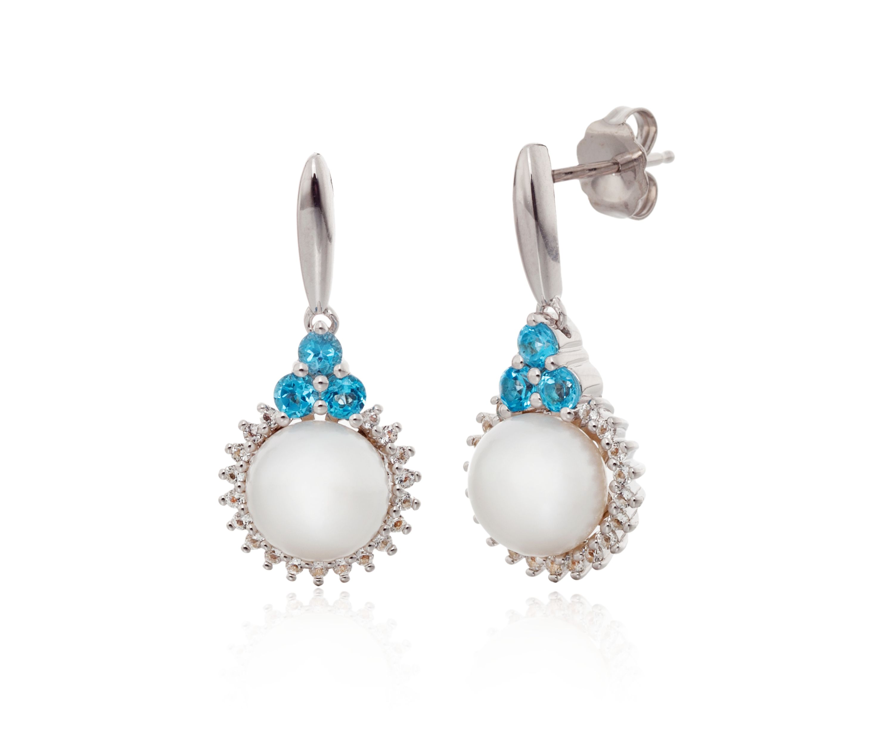 Freshwater Pearl and Blue Topaz Drop Earrings in Sterling Silver