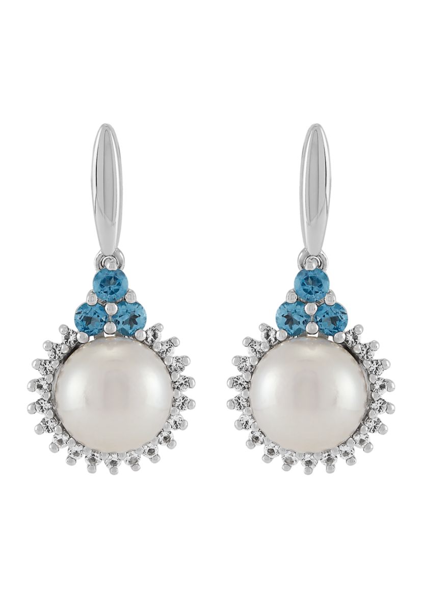 Freshwater Pearl and Blue Topaz Drop Earrings in Sterling Silver