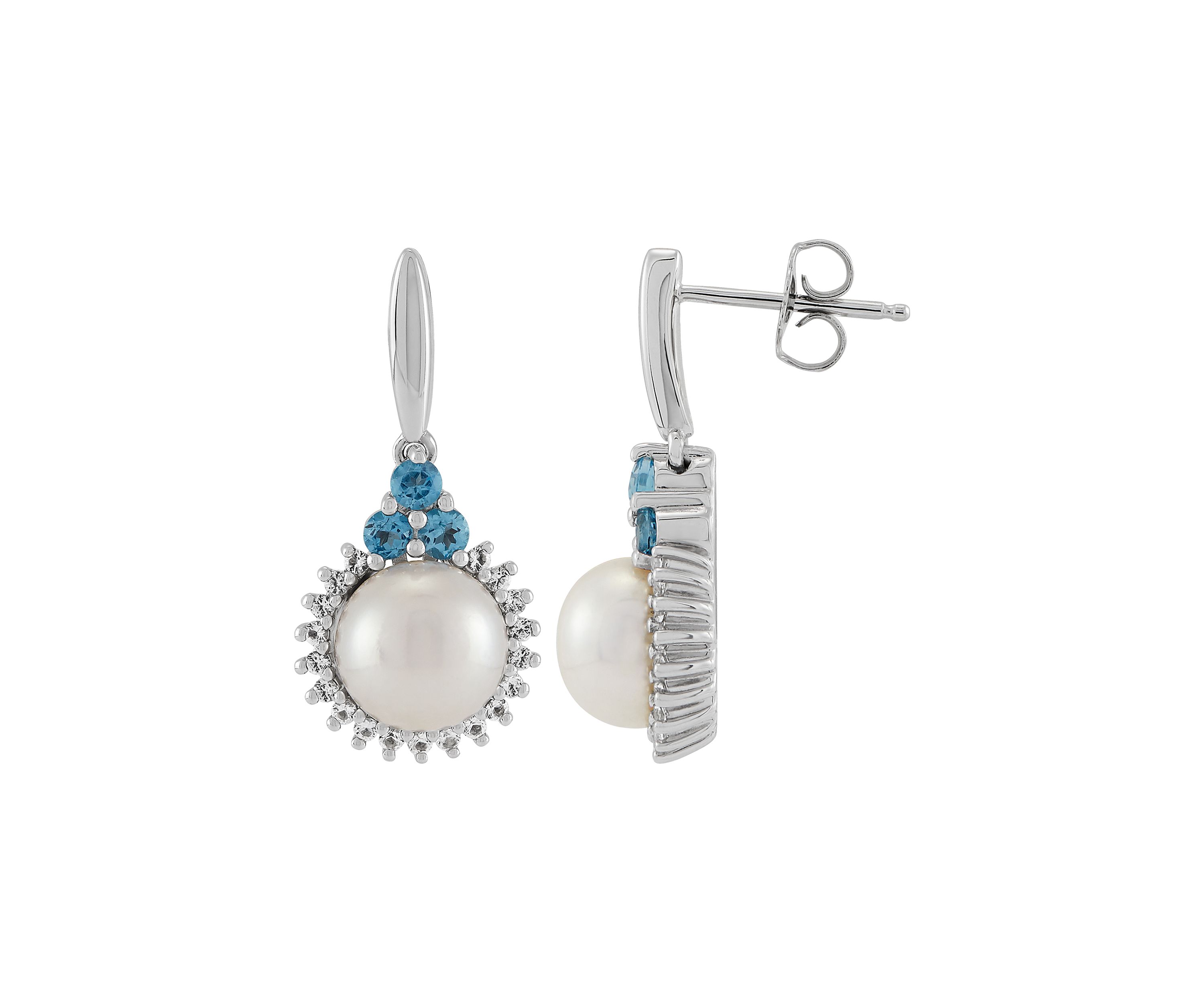 Freshwater Pearl and Blue Topaz Drop Earrings in Sterling Silver