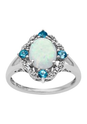 Belk & Co Lab Created 1/10 Ct. T.w. Diamond And Created Opal And Blue Topaz Ring In Sterling Silver
