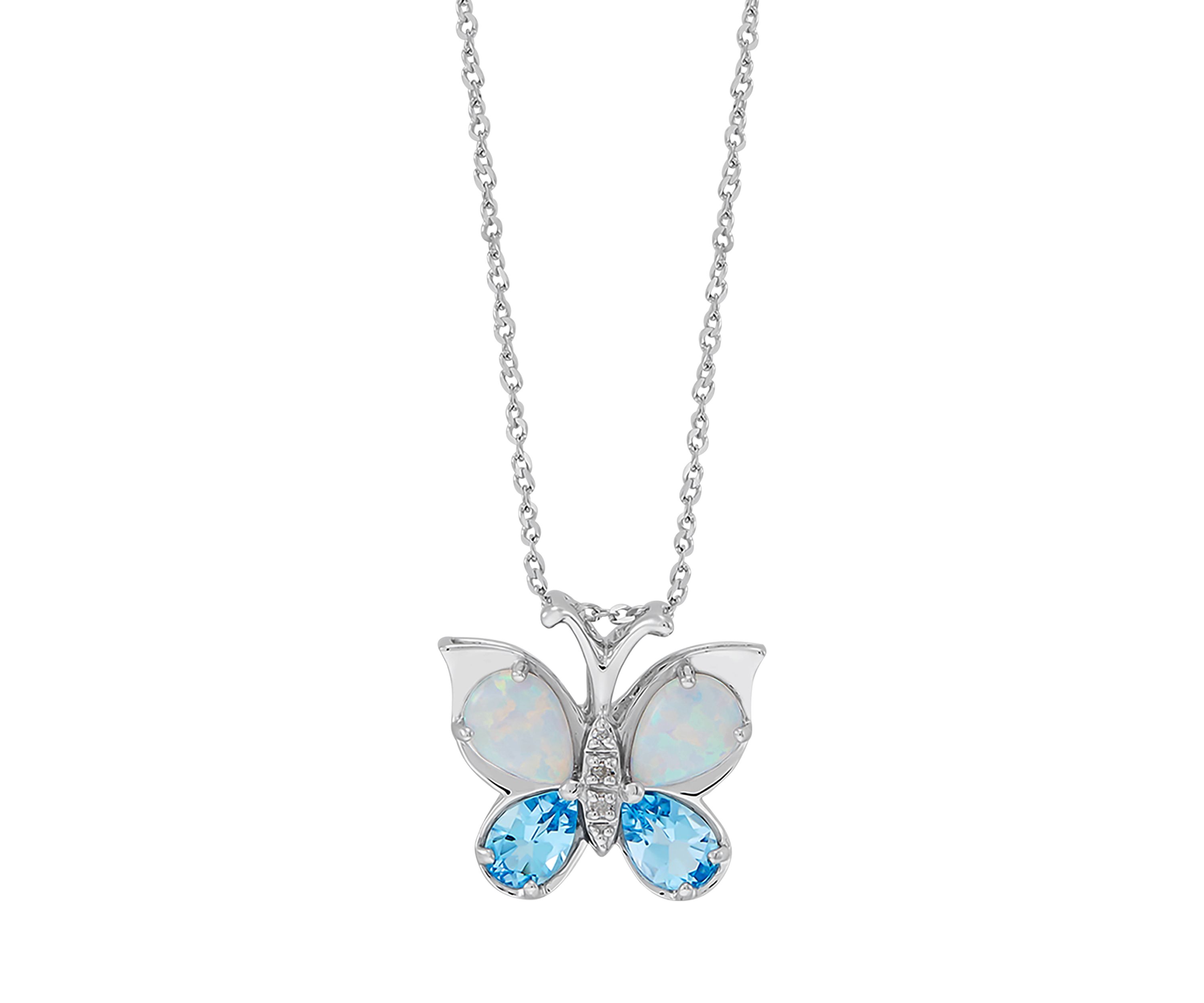 Blue Topaz & Created Opal Butterfly Pendant in Sterling Silver