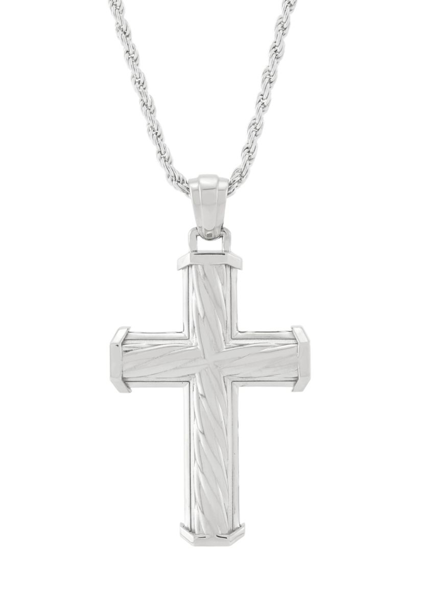 Rope Twist Design Cross Pendant with 20" Box Chain in Sterling Silver
