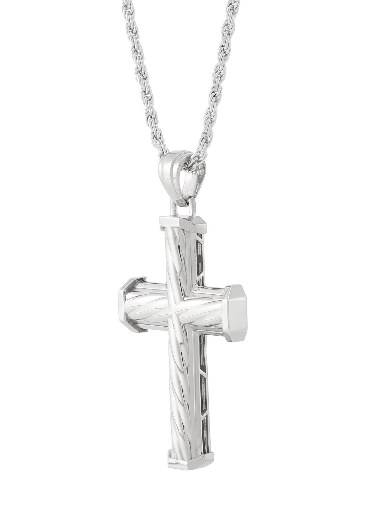 Rope Twist Design Cross Pendant with 20" Box Chain in Sterling Silver