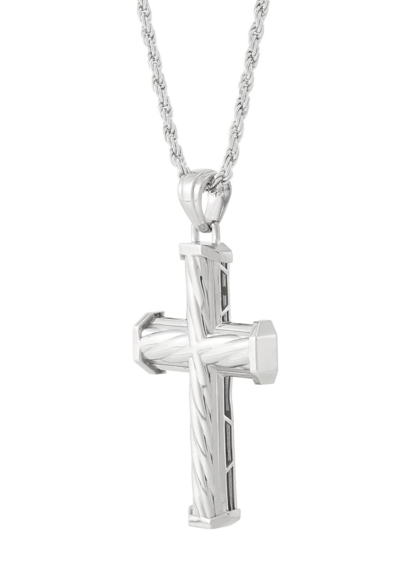 Rope Twist Design Cross Pendant with 20" Box Chain in Sterling Silver