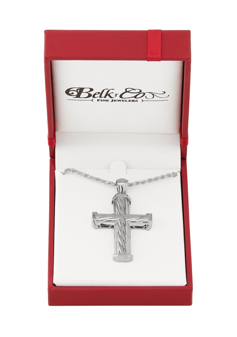 Rope Twist Design Cross Pendant with 20" Box Chain in Sterling Silver