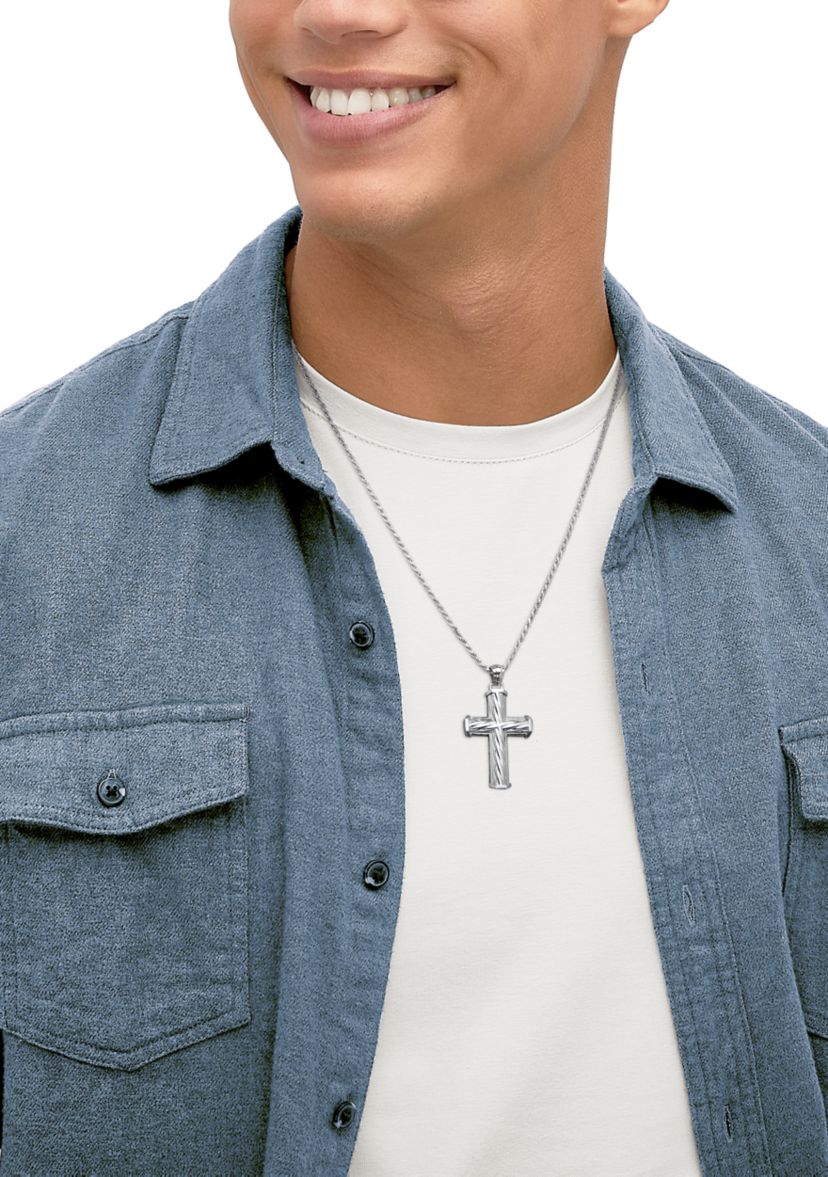 Rope Twist Design Cross Pendant with 20" Box Chain in Sterling Silver