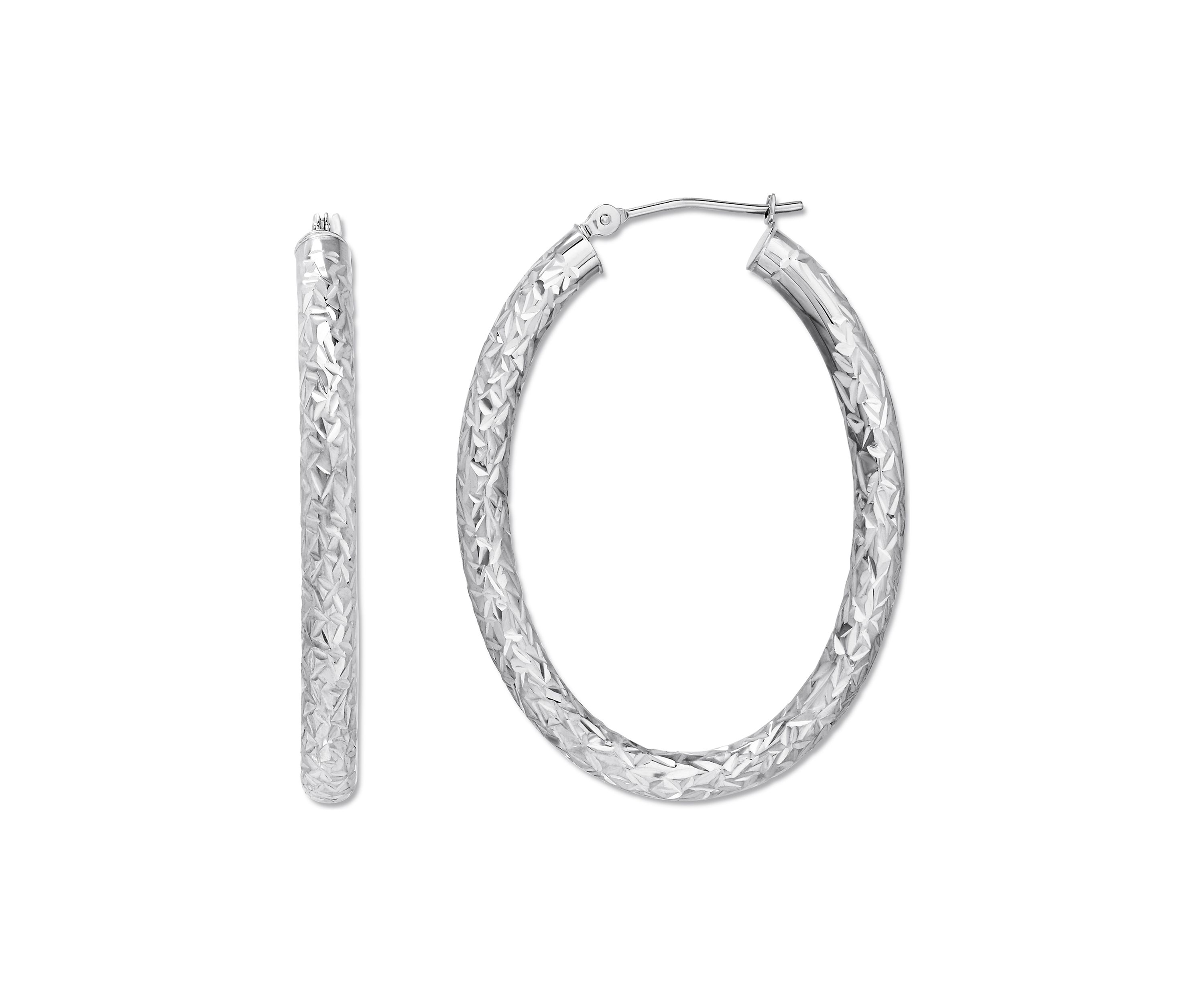 Sterling Silver Polished Diamond Cut Oval Crystal Cut Hoop