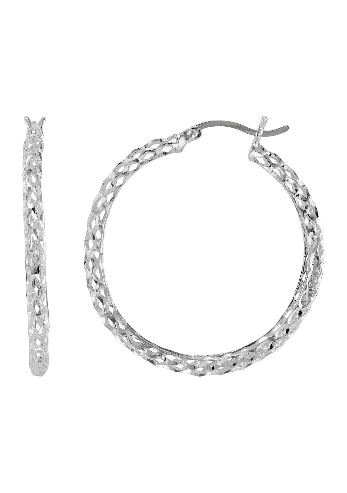 Casted Mesh Round Tube Hoop Earrings in Sterling Silver