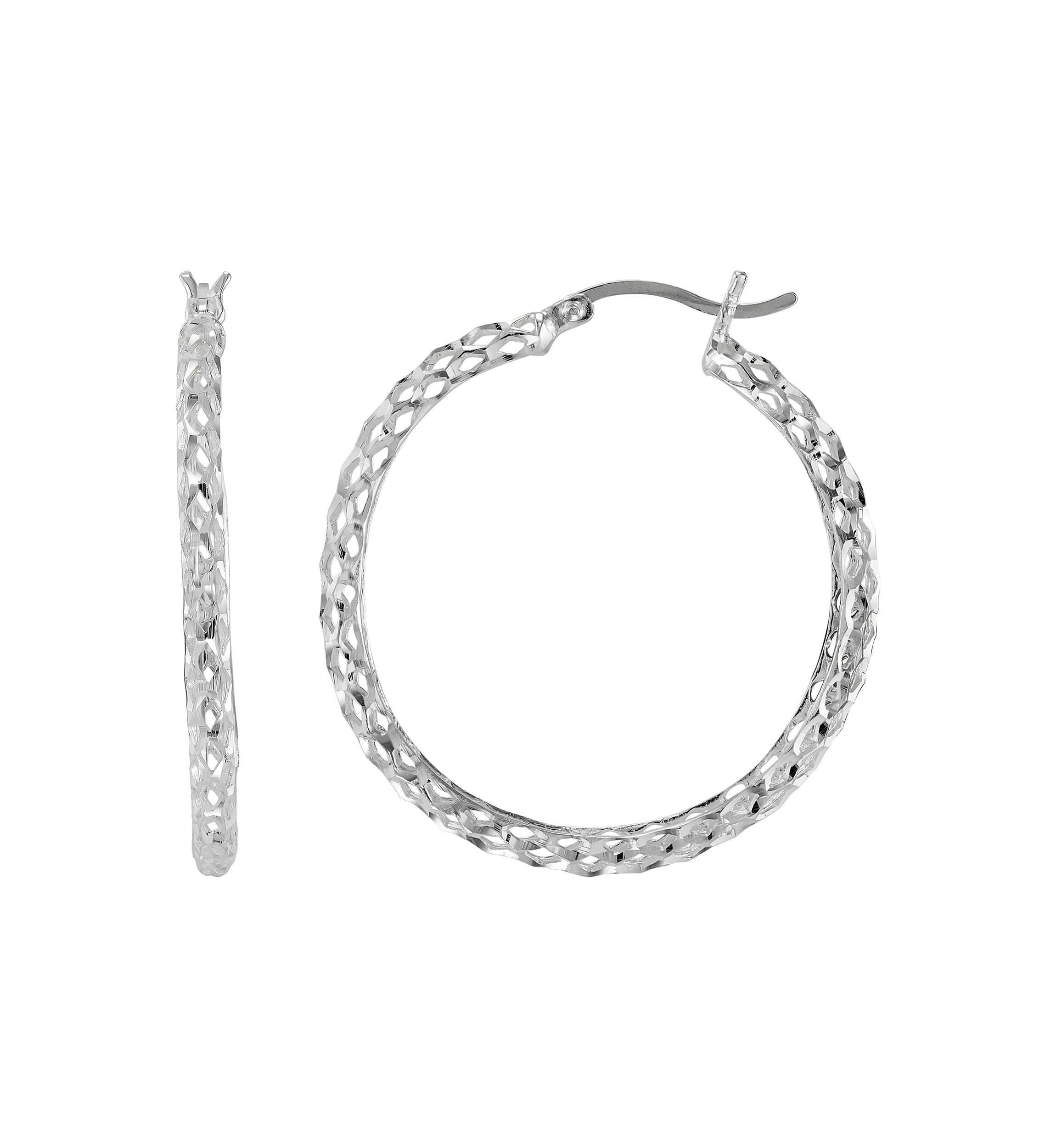 Casted Mesh Round Tube Hoop Earrings in Sterling Silver
